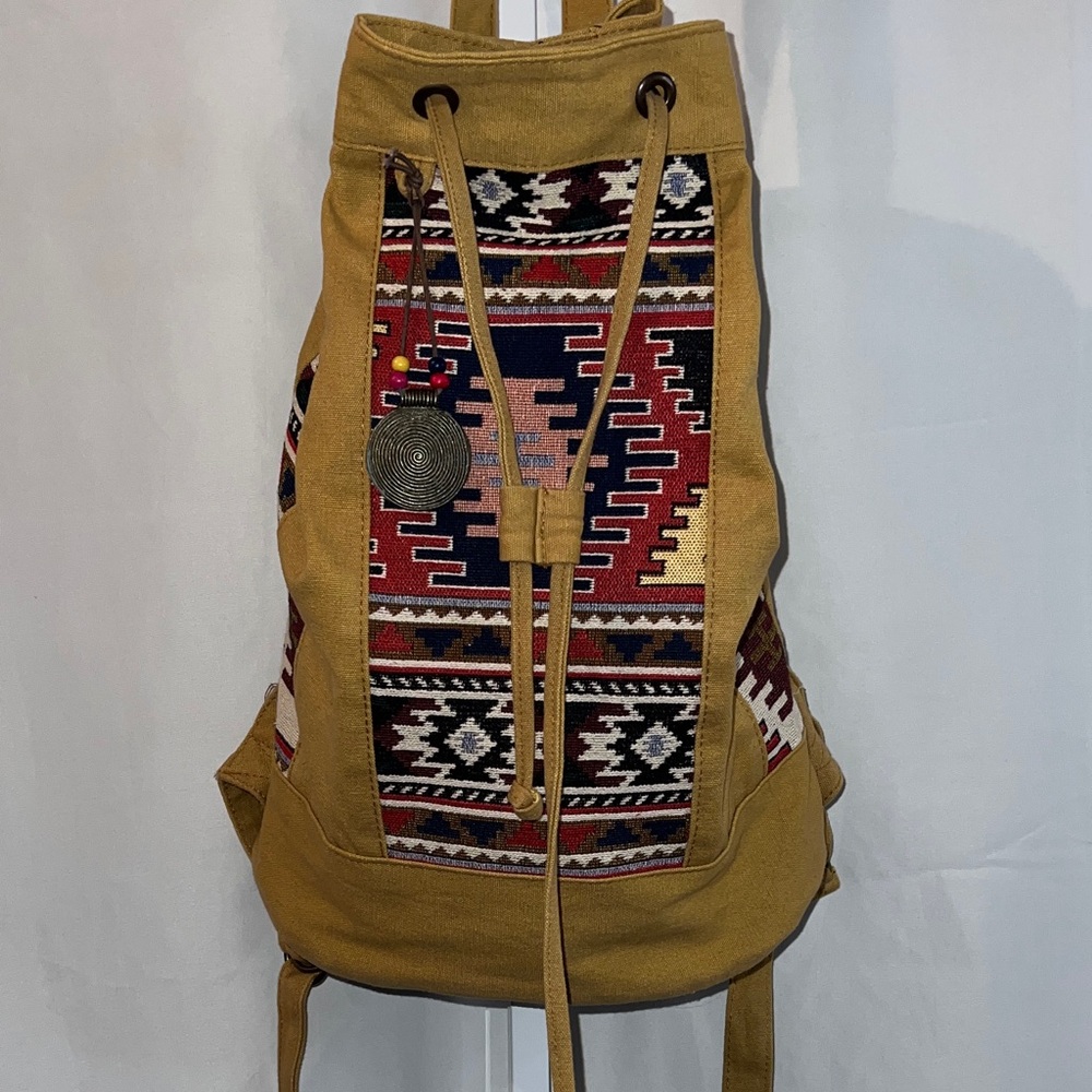 Mustard Colored Canvas Backpack with Southwestern Woven Panels Large Size
